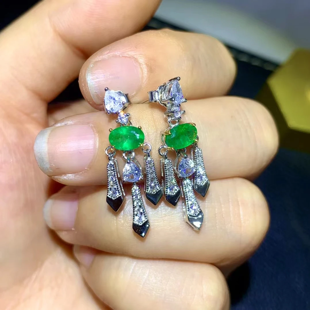 Fine Jewelry 925 Pure Silver Chinese Style Natural Emerald Girl Luxury Exquisite fresh Oval Gem Earrings Eardrop Support Detecti