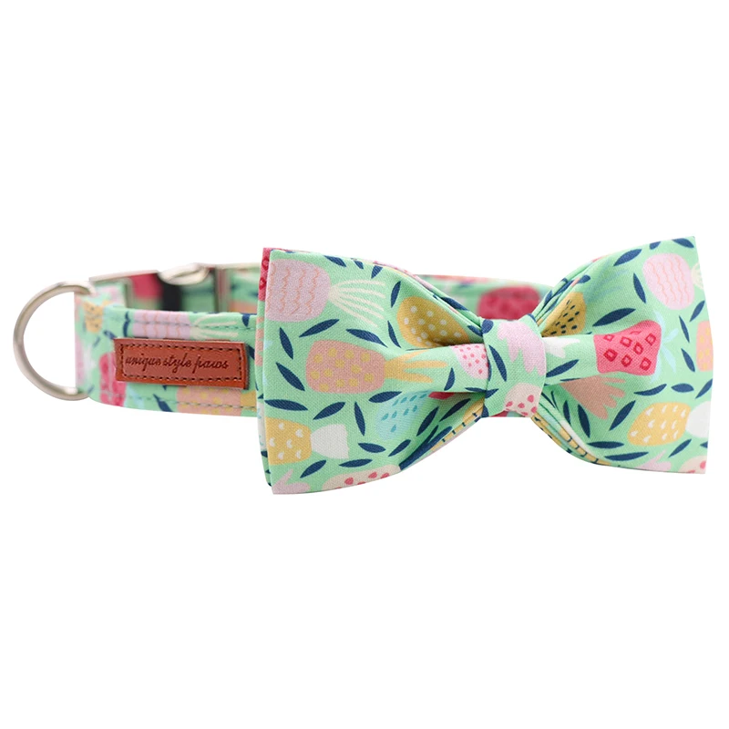 Pineapple Green Cotton Fabric Dog Collar and Leash Set with Bow Tie for Big and Small Dog Metal Buckle Pet Accessories