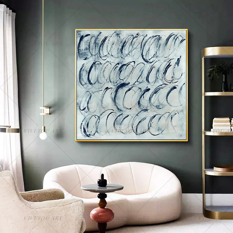 100% Handmade Indigo Circular Brushstroke Textured Oil Painting for Living Room Modern Wall Decor Art Gift