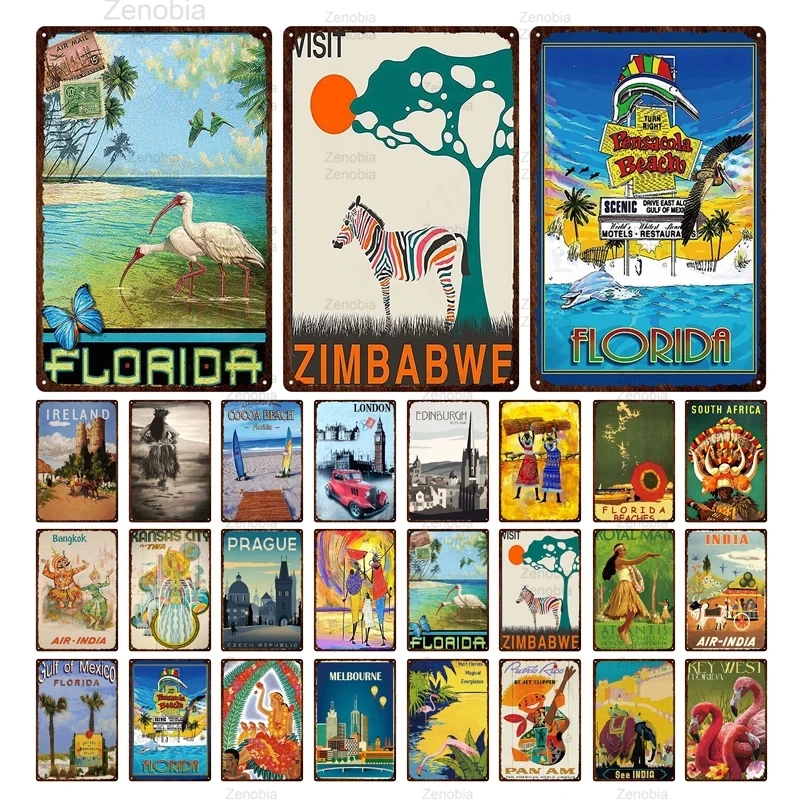 

Vintage Abstract Zimbabwe Florida City Metal Tin Sign Hot Sell Tourism Landscape Colorful Iron Poster Bar Home Wall Decoration