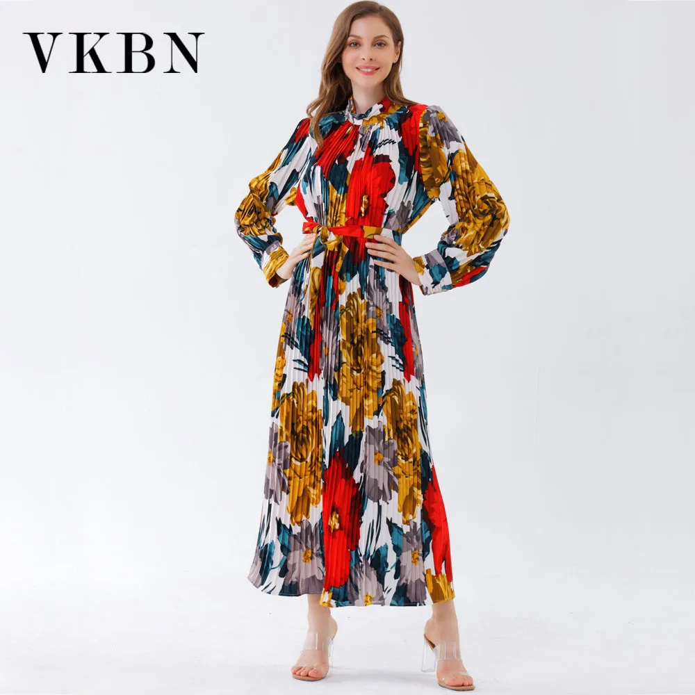 VKBN-Women's Casual Printed Dress, Ruched Fabric, Pullover, Turtleneck, Full Sleeve, Party Elegant Maxi Dress, Summer Fashion