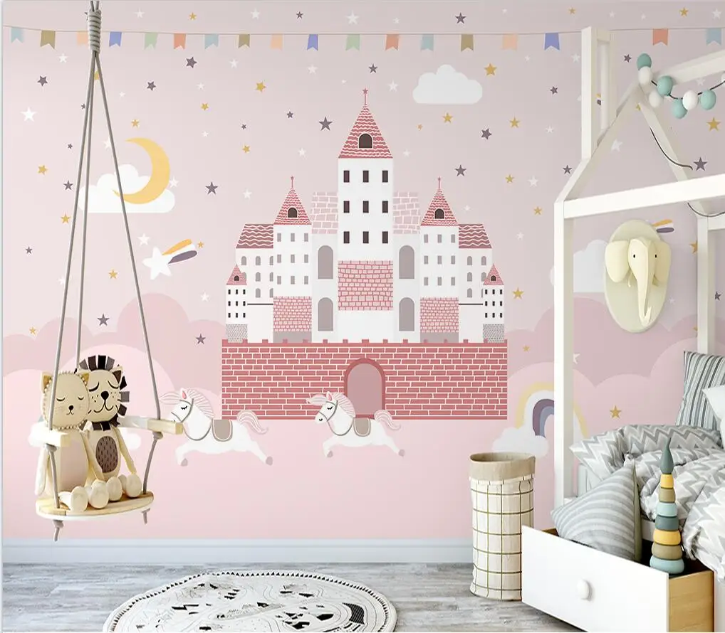 

Customized children's cartoon wallpaper Nordic pink castle princess room starry sky children's background wall 3d wallpaper