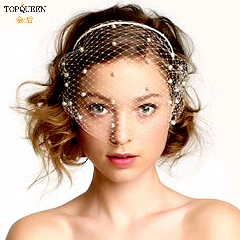 TOPQUEEN-Tule Gaiola Véu Com Pérolas, Gaiola Com Headband, Mini Véu, Véu De Casamento, Face, Cocktail Party, DIY, VA08