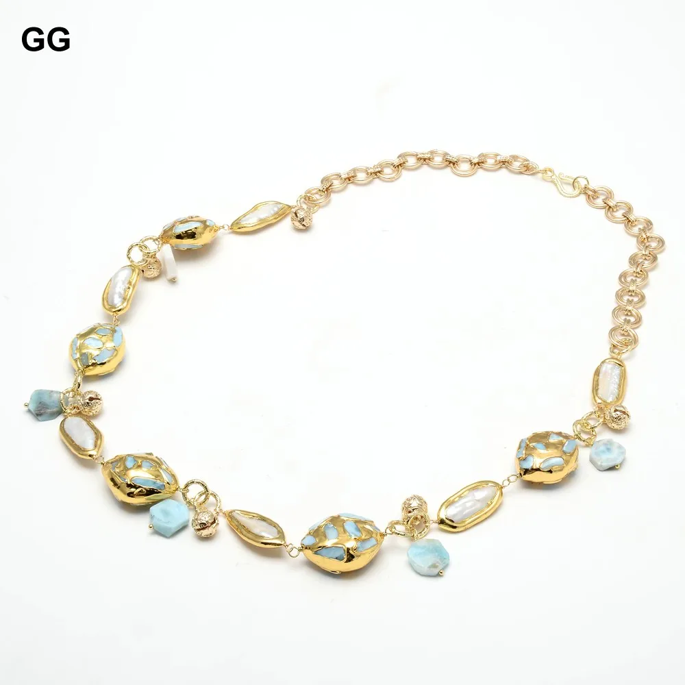 natural Cultured White Biwa Pearl Blue Larimar pave Gold Plated Chain Long Necklace 30