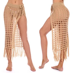 Women’s Sexy Sheer Hollow Out Beach Maxi Knit Skirt Split Tassels Beachwear Summer Crochet Cover Up Skirts