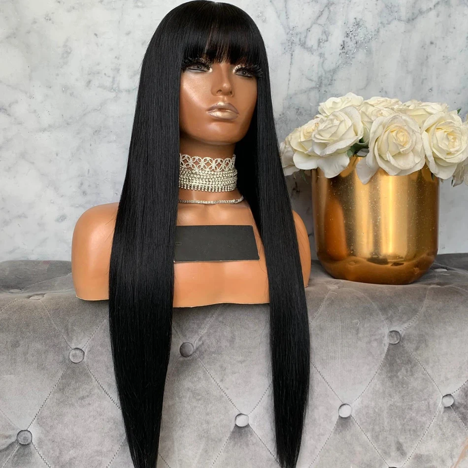 

Silky Straight Jet Black Indian Remy Hair Lace Front Wigs for Women Full Lace Wigs with Bangs 180 Density Fringe Wigs