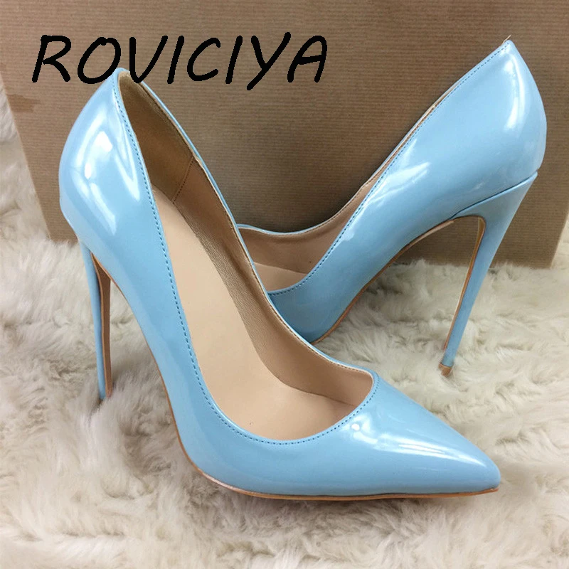 

Light blue Women pumps pointed toe thin high heel party wedding shoes 12 cm stilettos Chaussure Femme Talon Sexy QP009 ROVICIYA