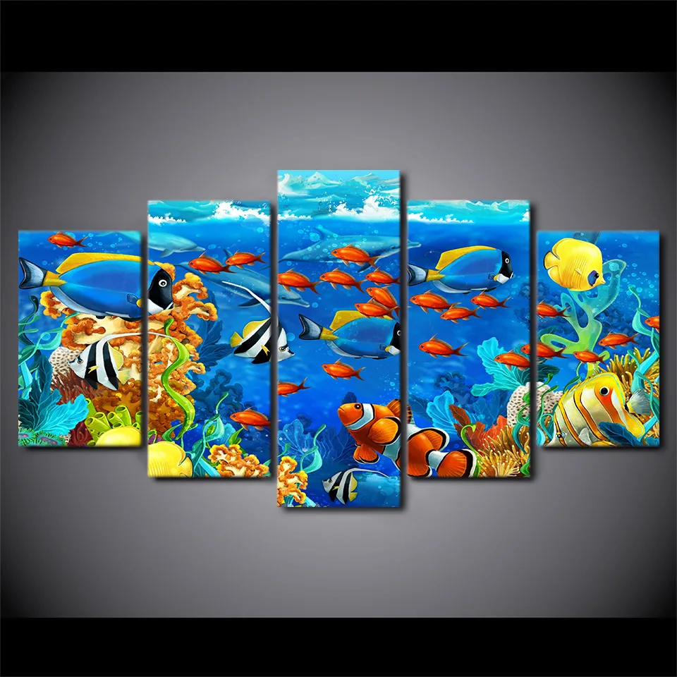 

No Framed Canvas 5 Pieces Underwater Tropical Fish Wall Art Posters Pictures Paintings Home Decor for Living Room Decorations