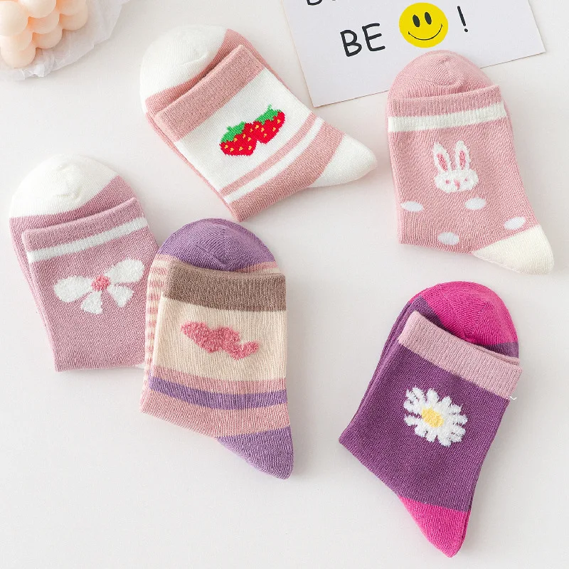 5 Pairs/Lot Brand 100% Cotton Girl Socks Winter Warm Breathable Children\'s Short Socks Sof Baby Kids Socks For 1-15 Years