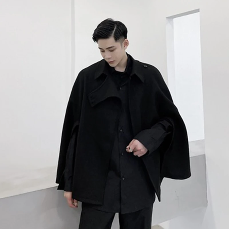 Autumn Winter Short Cloak Black Fashion Windbreaker Men's Wool Cloak Casual Loose Jacket Men's Sleeveless Coat Large Fashion