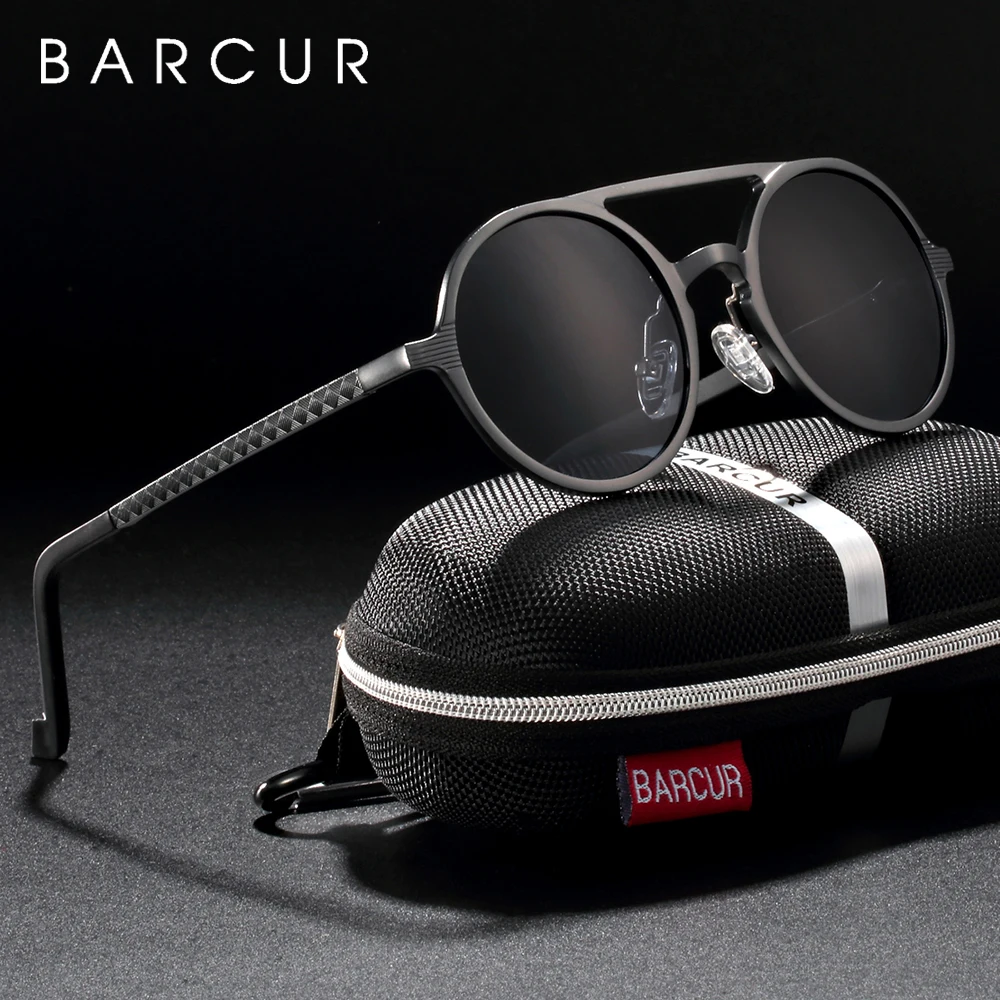 BARCUR Vintage Aluminum Magnesium Sun glass Men Polarized Sunglasses Round Steampunk Shades Brand Designer Eyewear