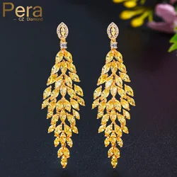 Pera Brillant Yellow CZ African Gold Color Long Dangling Leaf Drop Women Party Earrings for Bridal Wedding Prom Jewelry E662