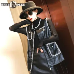 Gilet senza maniche O collo Vintage da donna Top nappe tasche Lady Casual gilet in vera pelle di montone di alta qualità bottoni gilet