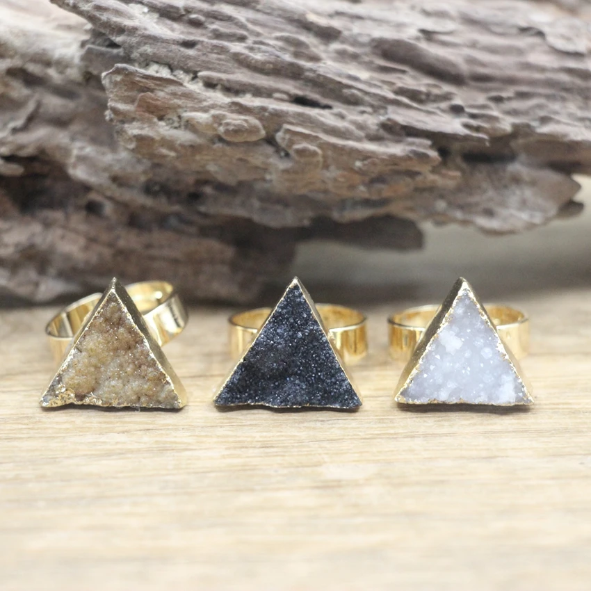 

Triangle Natural Quartz Geode Ring Healing Crystal Druzy Drusy Gems Adjustable Finger Ring Fashion Women Jewelry Dropship,QC4073