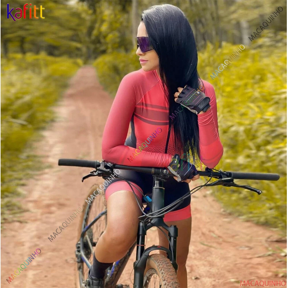 Kafitt Women's Long Sleeve Cycling Monkey Jumpsuit Bike Clothing Red Top Macaquinho