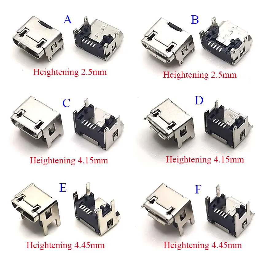 10pcs Micro USB Charging Port socket power plug dock Mini 5Pin 5P Micro USB Connecor Heighten 2.5mm  4.15mm 4.45mm