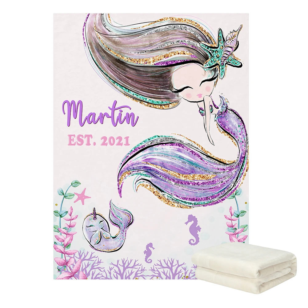 LVYZIHO Under The Sea Watercolor Mermaid Personalized Name Baby Blanket - 30x40 / 48x60 / 60x80 Inches - Fleece Blanket