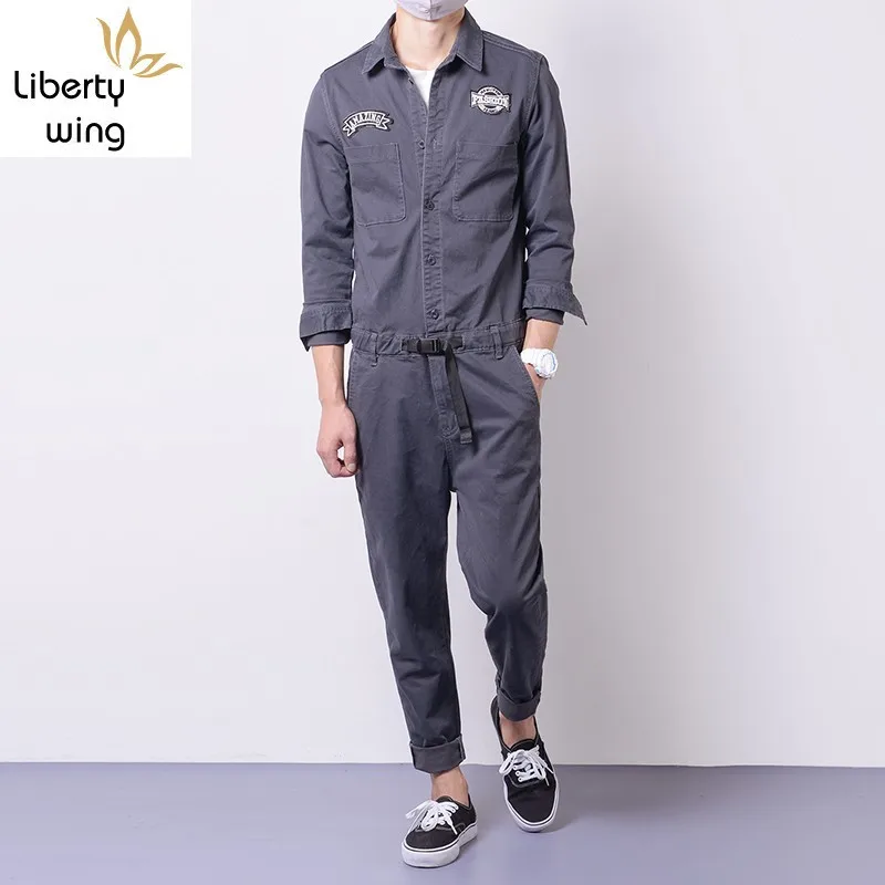 Mens Jumpsuits Cargo Cotton One-Piece Long Sleeve Pants Casual Trousers Clothes Autumn Comfort Loose Rompers Retro Male Overalls