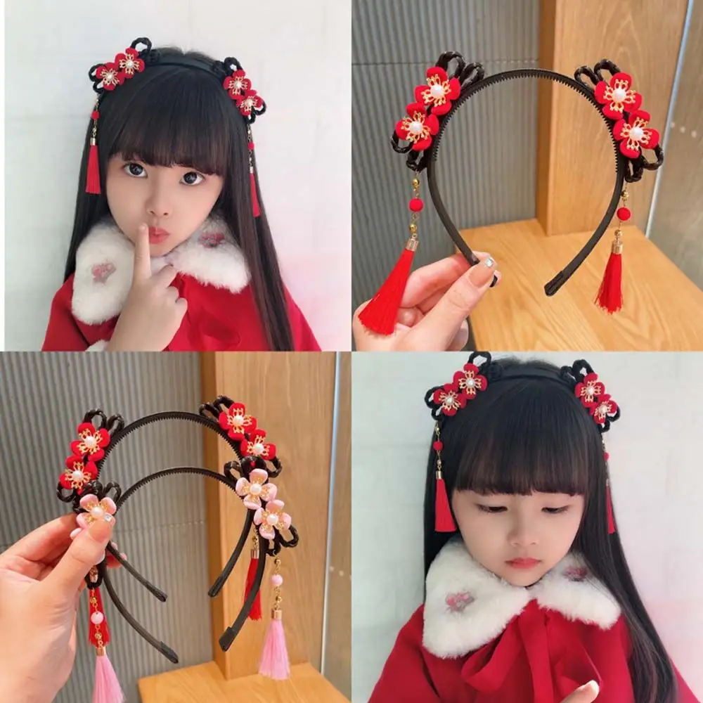 Chinese Style Fashion Hanfu Flower Tassel Headband Pigtail Wig Children\'s Pearl Bow Cartoon Cute Hairband New Year Headdress