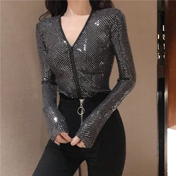 2022 Spring Chic Korean Fashion Vneck Zip Up Tees Skinny Gold Sequin Long Sleeve Tshirt Office Vintage Gothic Women T Shirt Tops