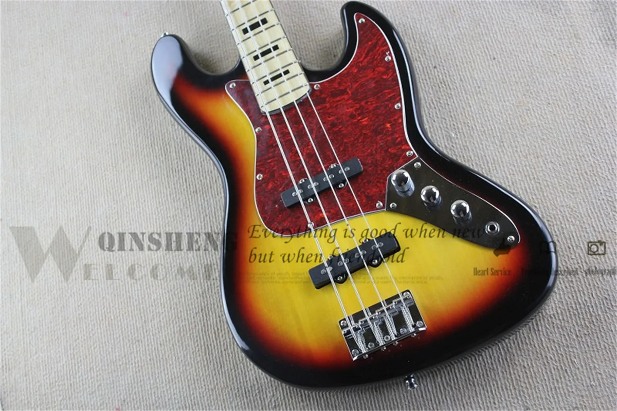 Sunburst bass 4-string electric bass basswood body Maple neck red turtle shell guard plate fixed bridge chrome tuner