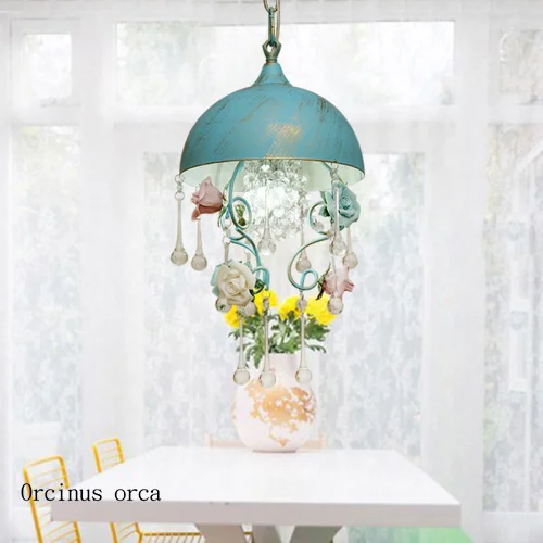 French garden chandelier single head flower lamp blue Mediterranean bar tea restaurant lamp bedroom children's room crystal lamp