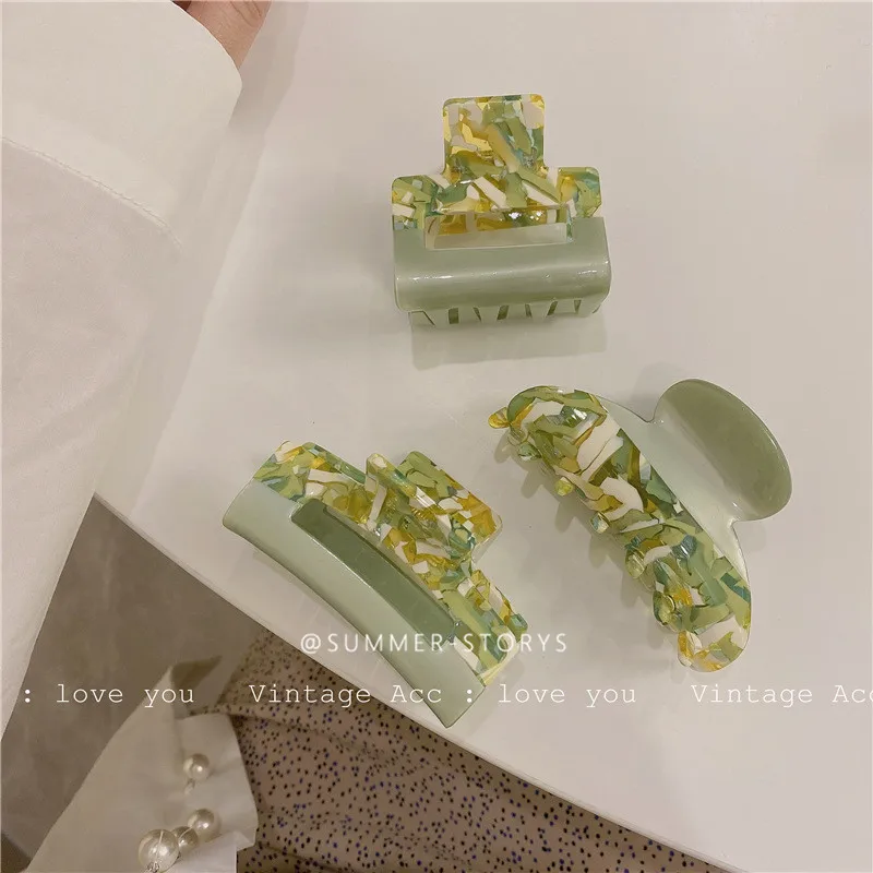 Korea  retro green temperament clip French fresh olive green totem stitching acetate hairpin shark clip Hair Claws