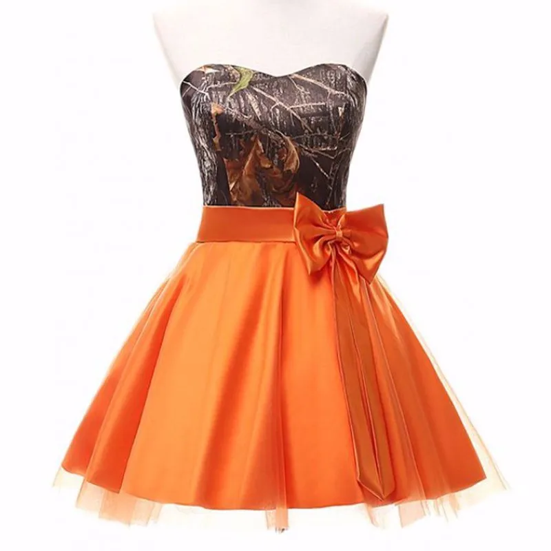 Fotos Reales Sweetheart Camo Camuflaje A-lijn Corto Junior Damas De Honor Vestido Naranja Falda Formele De Encaje Hasta La Espald