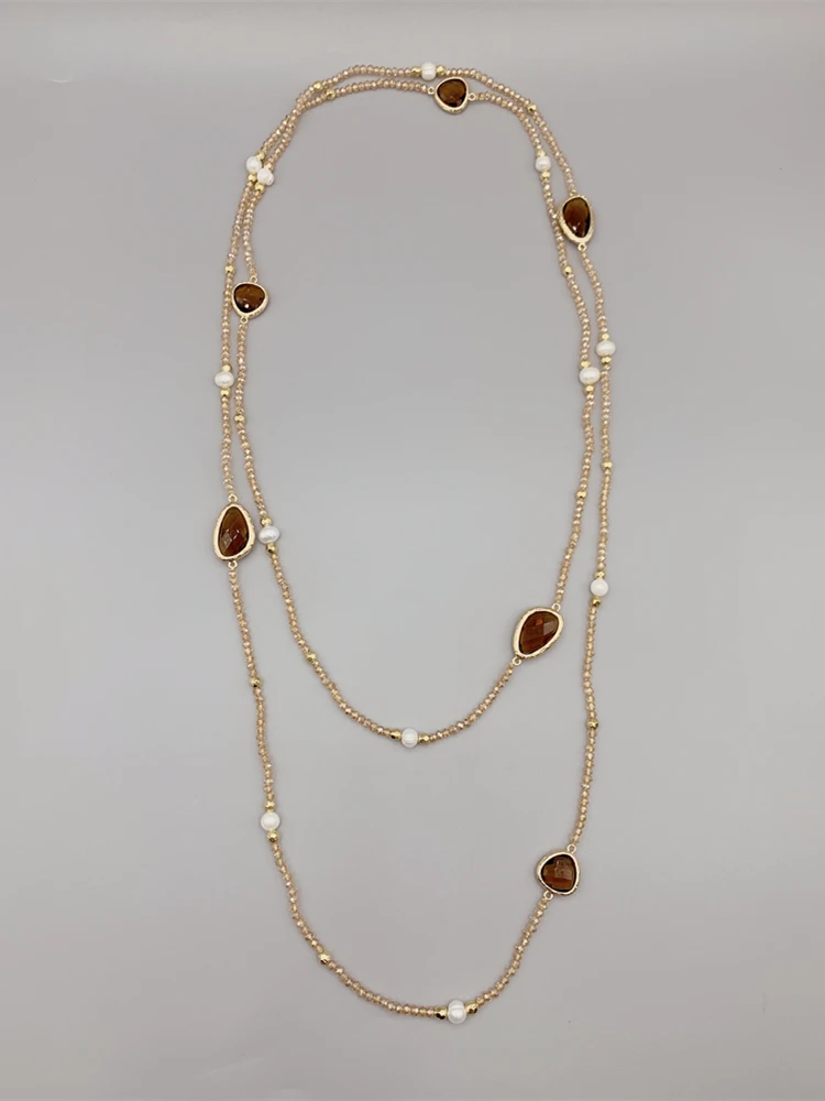 FoLisaUnique Irregular Shape Smokey Quartz Necklace For Women 5-6mm White Freshwater Pearls Hammered Gold Beads Long Necklace 4