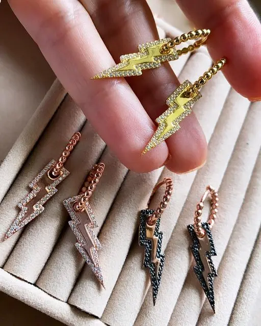 3 Colors 2021 Summer New Fashion Jewelry Micro Pave CZ Lightning Bolt Charm Dangle Earring Gold Color