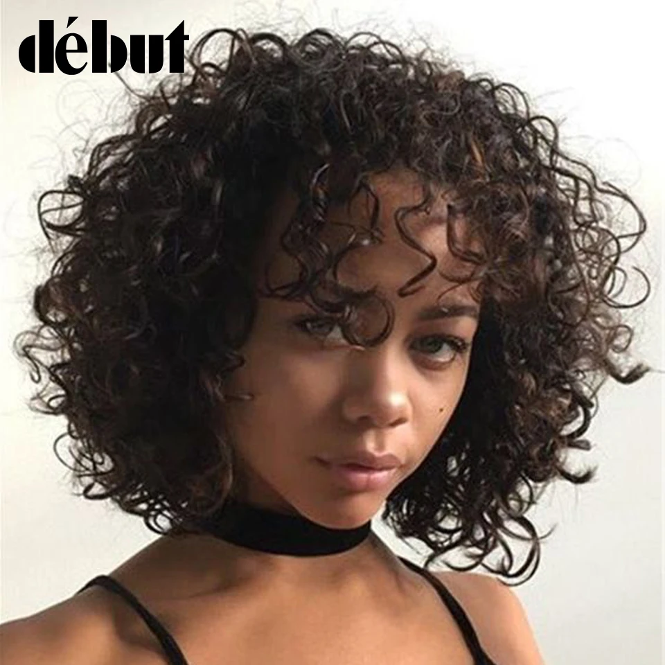 Debut Curly Wigs With Bangs Short Curly Bob Wigs For Black Women 100% Remy Human Hair Bob Wigs Cheap Black Full Wigs Free Ship