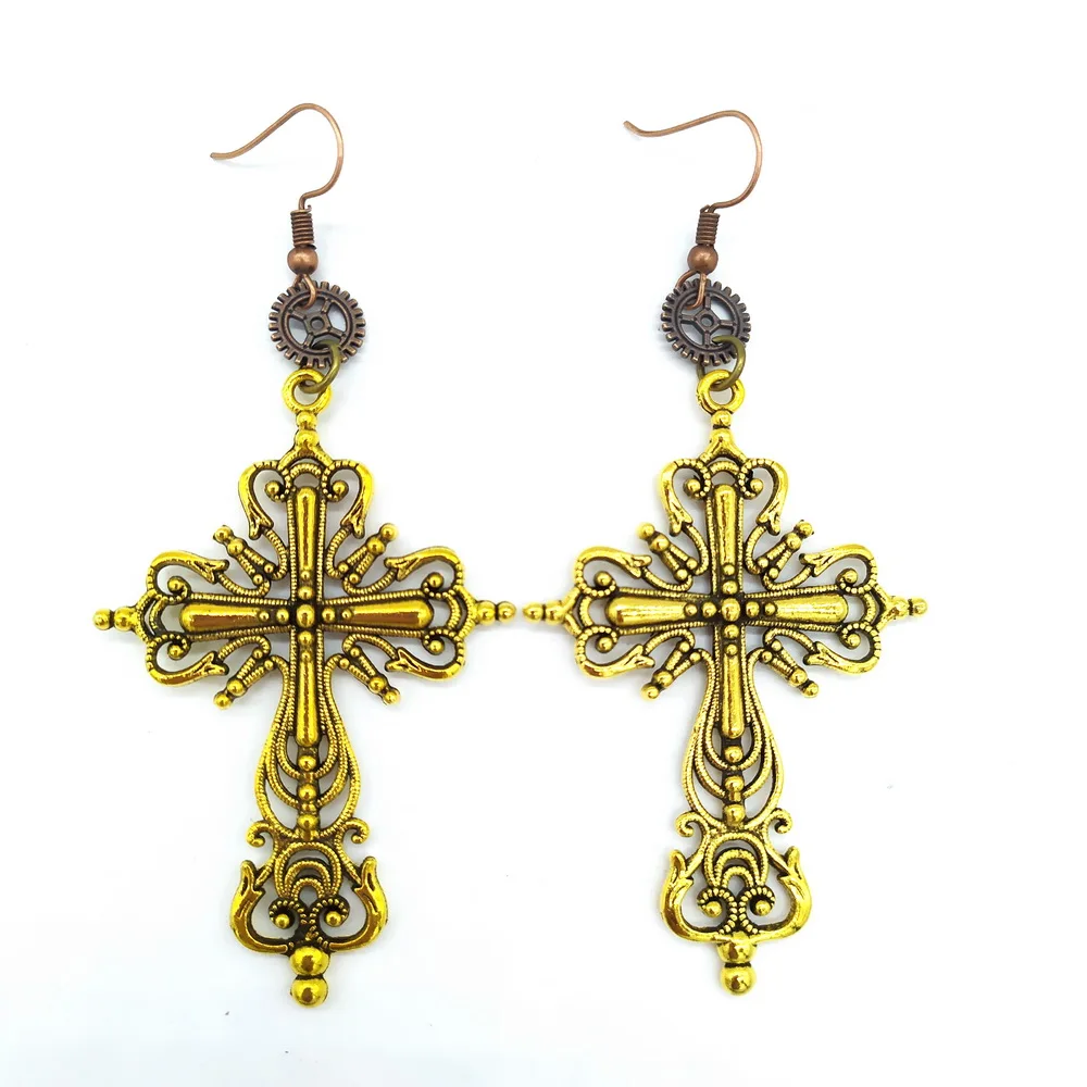 Retro Antique Colors Big Size Crown Cross Drop Earrings for Women