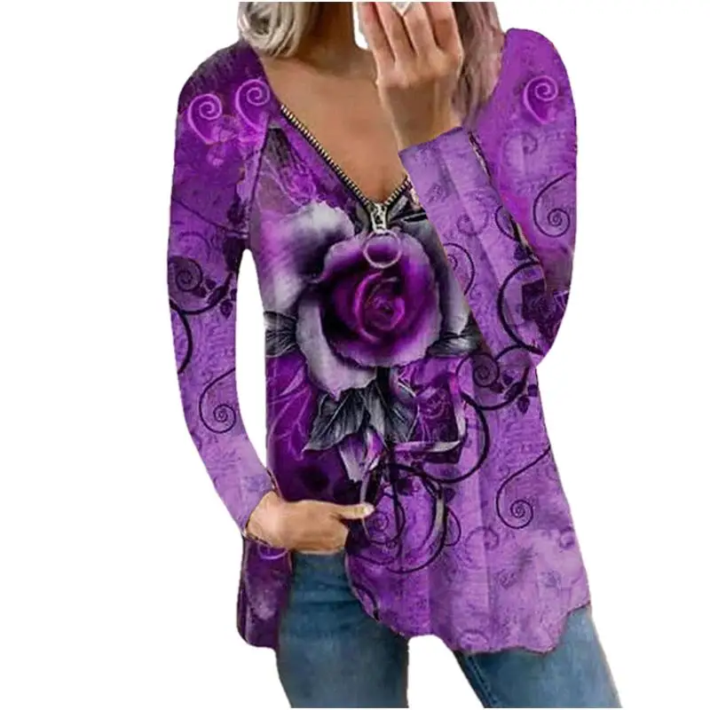 Autumn Women Loose Zipper Up Rose Printed Shirts Casual Long Sleeve V-neck Tops Ladies Pullover Vintage T-shirt Plus Size