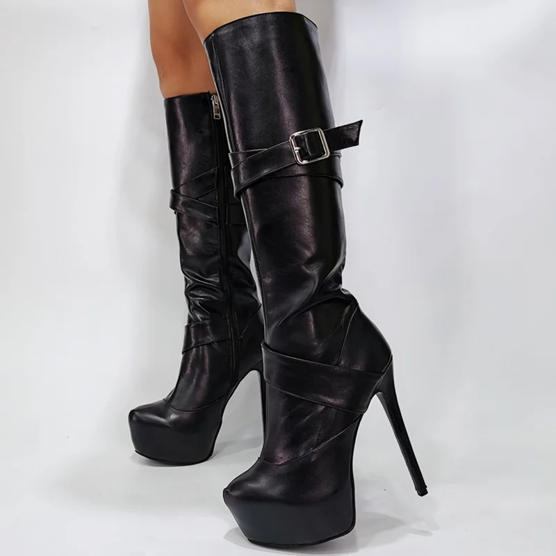 

Latest Popular Platform Shoes Winter Outdoor Shoes High Heel Boots Black Knee High Cross Buckle Strap Big Size 47