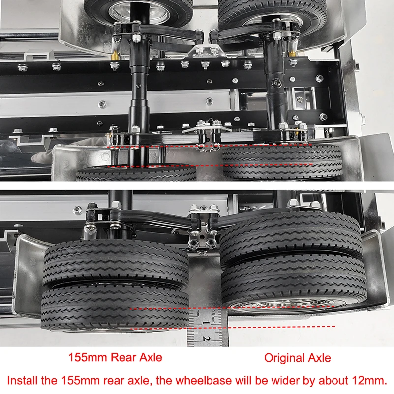 TRINOOD Metal RC Car Unpowered Rear Axle 133.5/155/182mm for 1:14 Tamiya Tractor Trailer Tow Drag Truck 1/10 RC Car DIY Parts