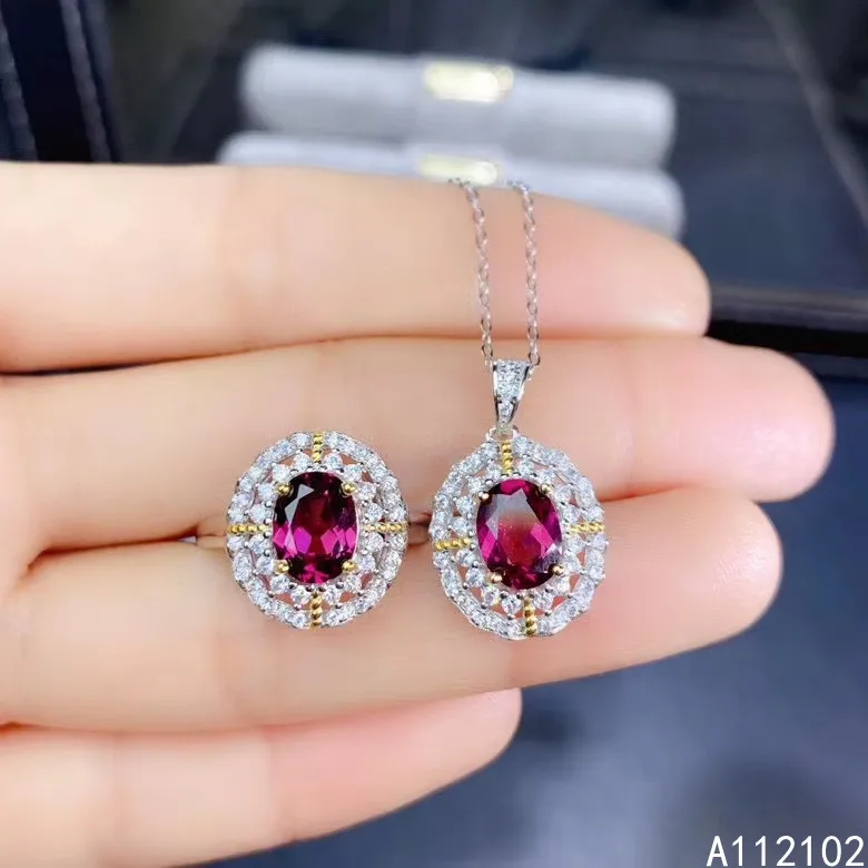 KJJEAXCMY fine jewelry 925 sterling silver inlaid natural pyrope garnet Girl elegant flower ring pendant set support check