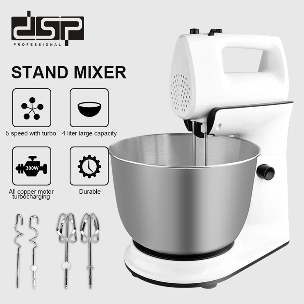 Procesador de alimentos de acero inoxidable, batidor de huevos y crema, mezclador de masa de pasteles, máquina de hacer pan, 4L, 300W, 5 velocidades