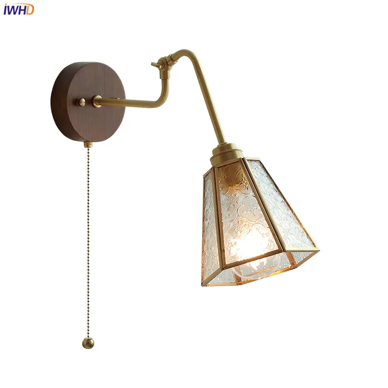 

IWHD Wood Canopy Nordic Wall Lamp Sconce Pull Chain Switch Home Lighting Copper Arm LED Stair Light Wandlamp Applique Murale