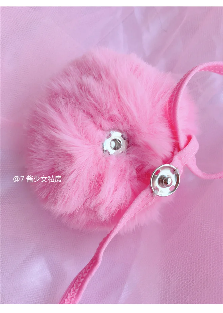 ملابس داخلية محلية الصنع باللون الأبيض والوردي والأسود مع ذيل أرنب جذاب ملابس داخلية نسائية بحمالات وذيل دائري #6