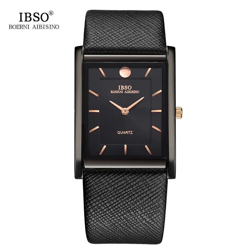 IBSO 7 MM Ultra-thin Square Case Design Mens Watches Genuine Leather Strap Fashion Luxury Quartz Watch Men Business Clock