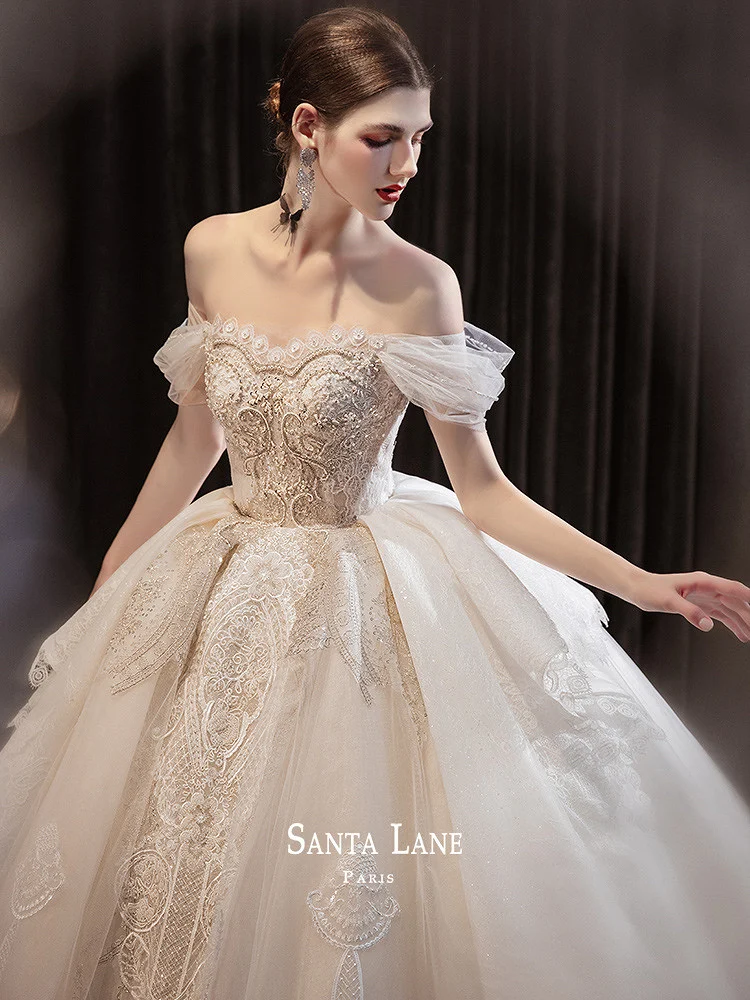 

Роскошные свадебные платья с открытыми плечами, кружевом, бисером, вырезом лодочкой, блестками, пикантное длинное платье с открытой спиной для официального банкета, Элегантное свадебное платье 2024