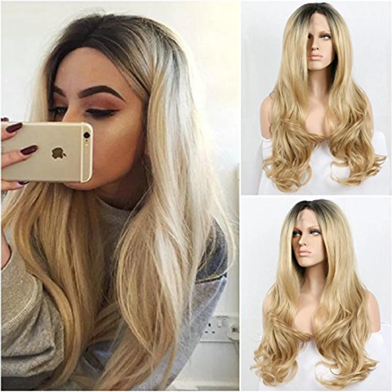 Ombre Colored Synthetic Lace Front Wig Deep Part Body Wave Curly Honey Blonde Hair Lolita Cosplay Frontal Wigs for Black Women