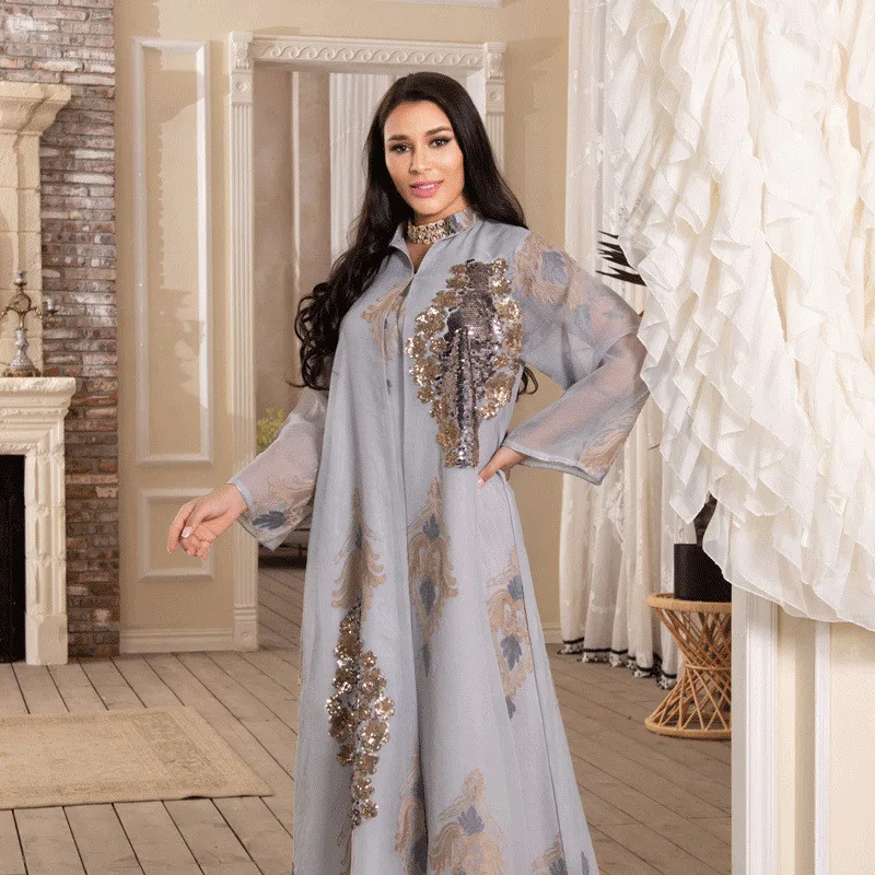 2024 Mesh Sequins Embroidery Abaya Femme Musulman Muslim Dress Women Clothing Marocain Kaftan Dubai Turkey Abayas Islam Jalabiya