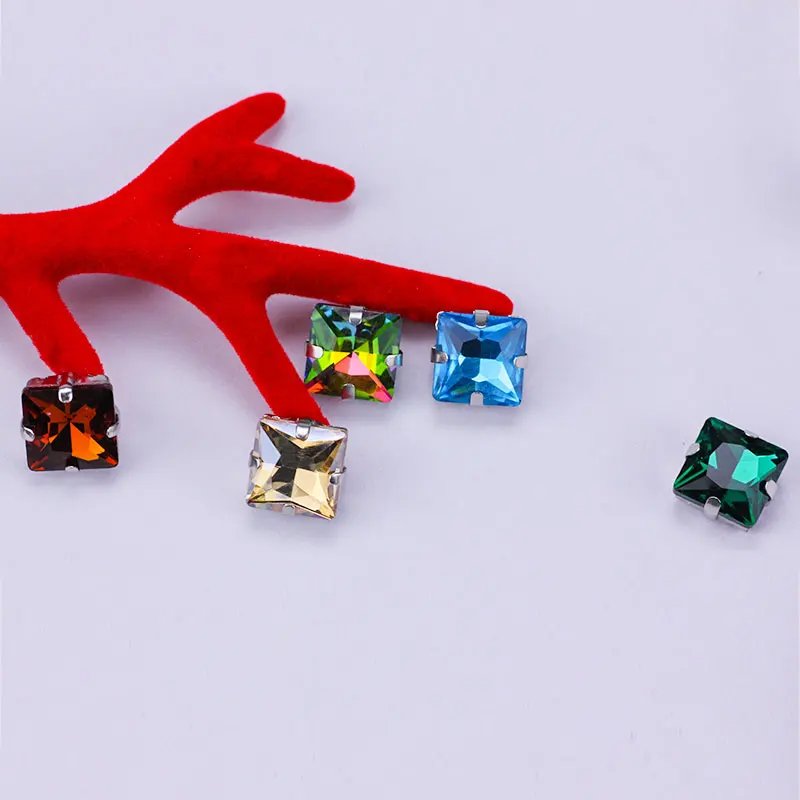 All Size Sew on Square Glass Crystal Rhinestones Strass Sewing Stone with Silver Base Hollow Claws for Wedding Decoration/dress