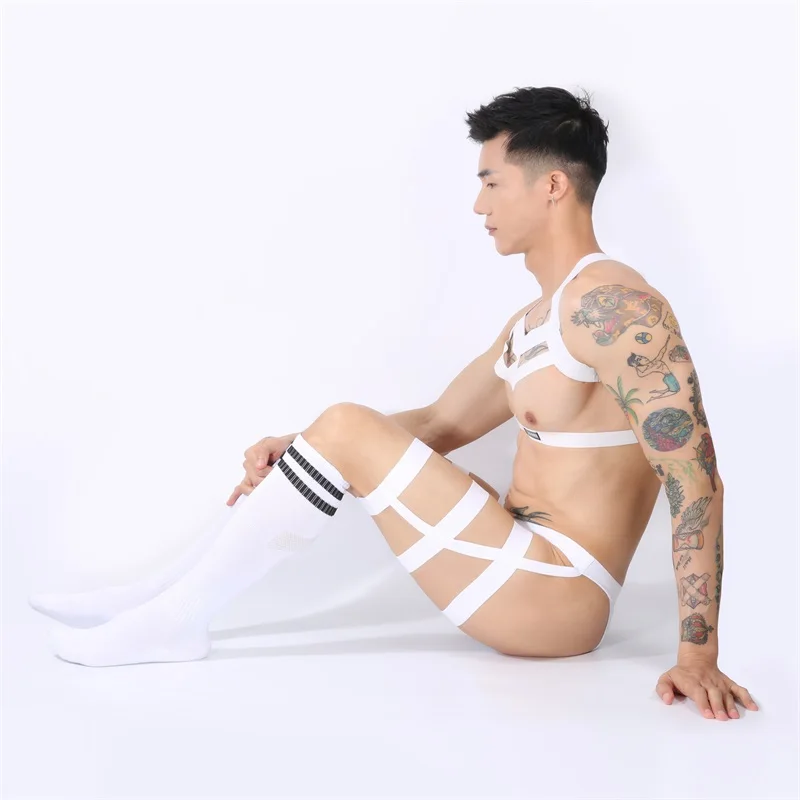 CLEVER-MENMODE Underwear Men Sexy Harness Straps Leg Belt Briefs Long Socks Bondage Lingerie Elastic Erotic Costume Set Stocking