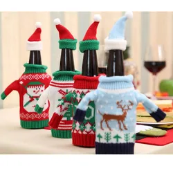Christmas Decorate Red Wine Beer Knitting Sweater Bottle Sets Cover Family Hotel Restaurant Used 4pcs /lot