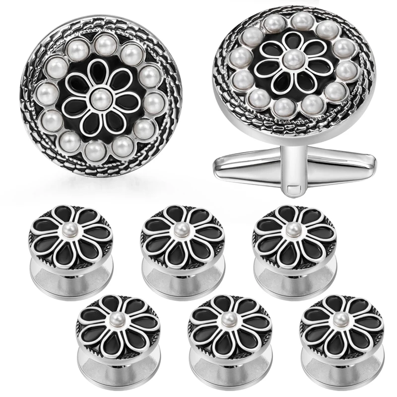 

New Style Luxury Flower Cufflink and Studs for Men Round Black Enamel&Pearl Cuff Links Set Tuxedo Shirt Studs with HAWSON LOGO