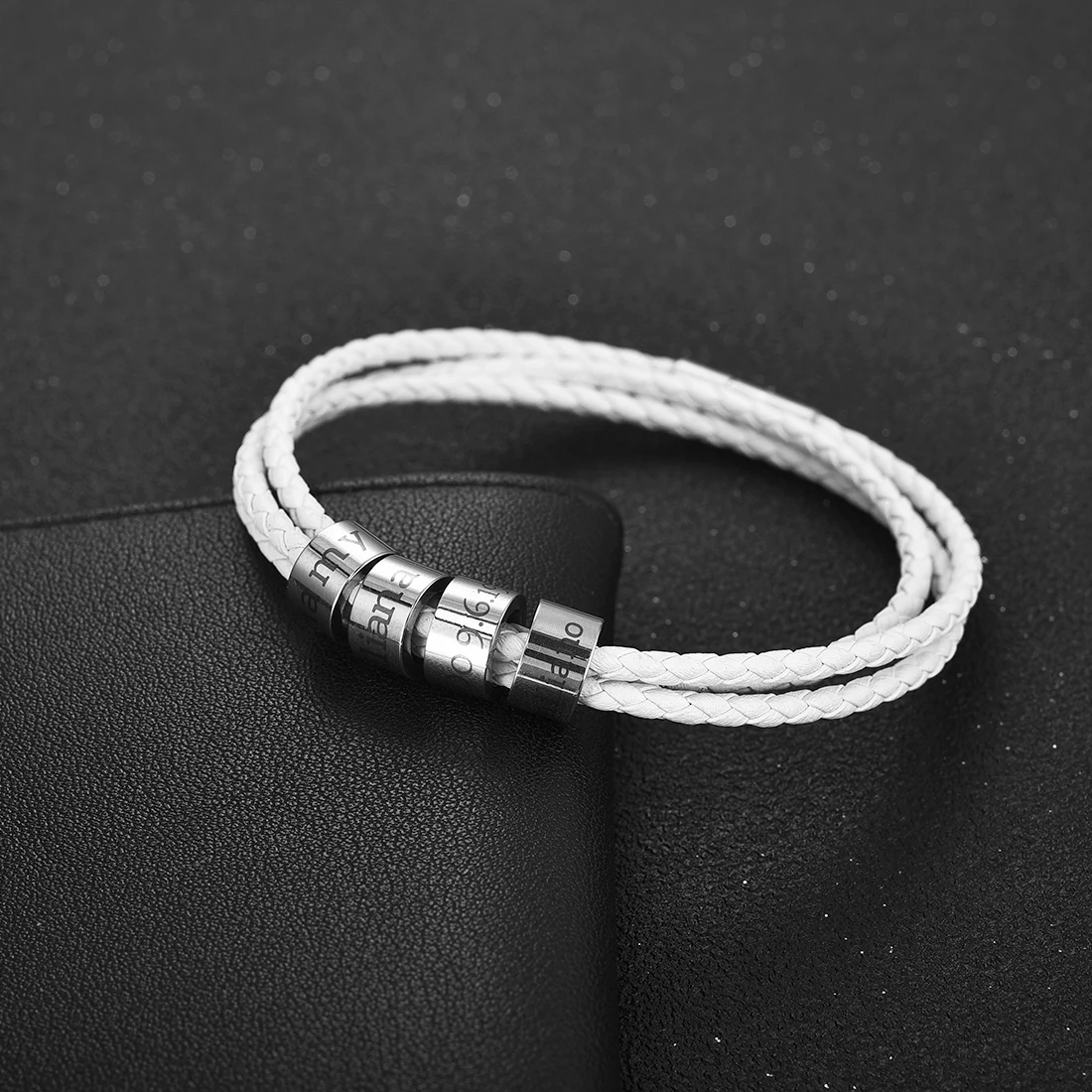 Custom Bracelet for Men Women Personalized Stainless Steel Beads Bracelets Genuine Leather Wrap Bangle Engraved Name Jewelry