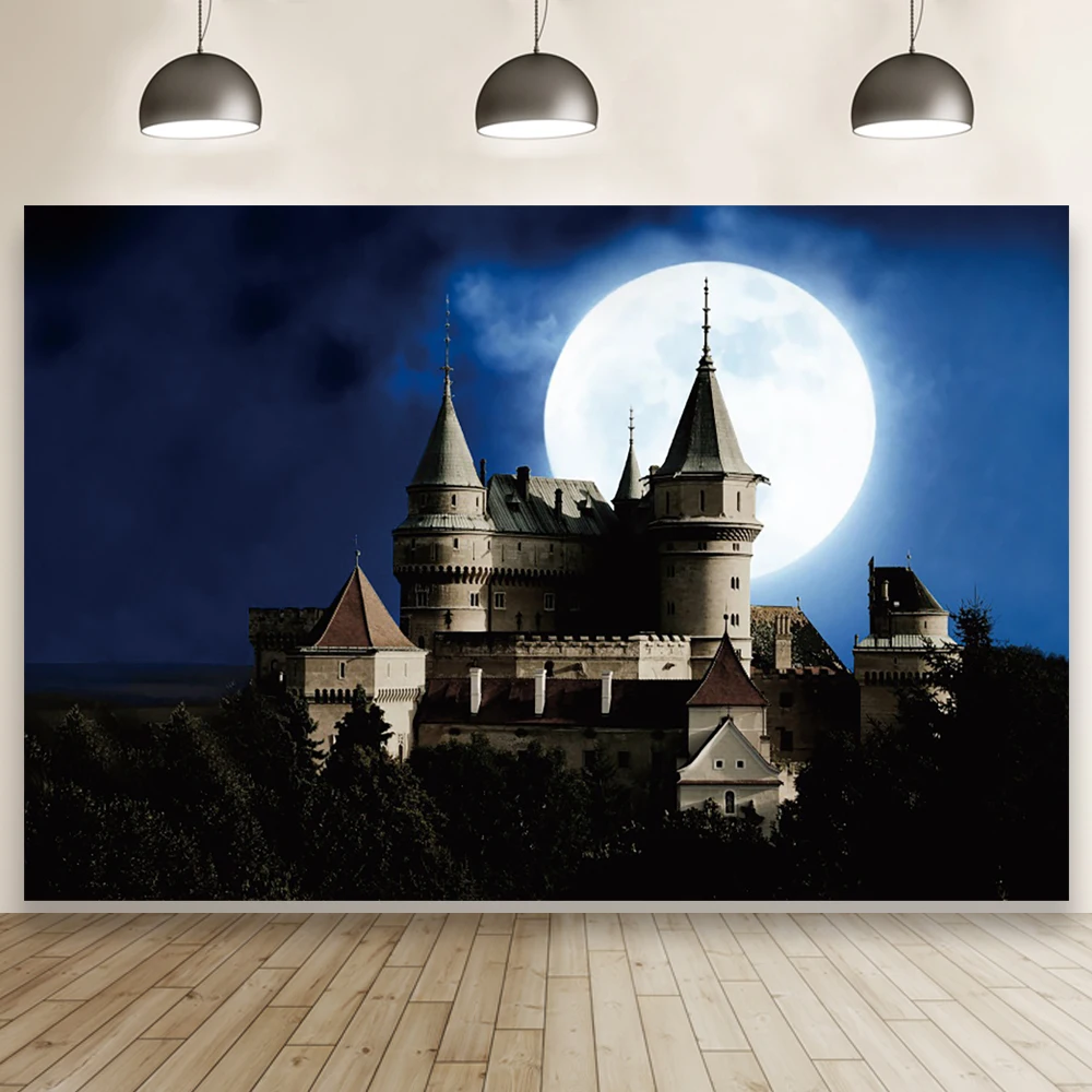 

Laeacco Moonlight Castle Photography Background Dark Blue Night Scenery Room Decor Birthday Portrait Backdrop For Photo Studio