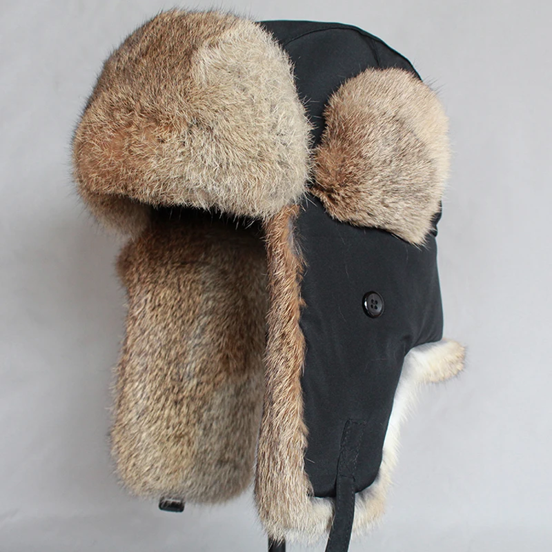 Rabbit Fur Bomber Hat Men Women Winter Russian Snow Cap with Earflaps Thick Warm Trapper Ushanka